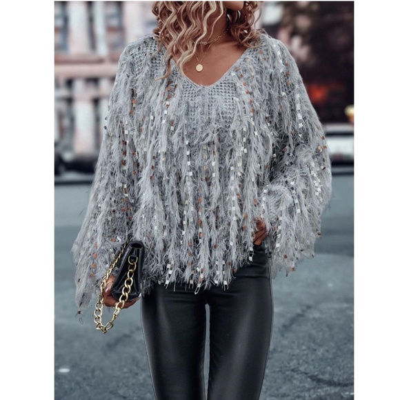 Fun Fuzzy Embellished Pullover Sweater V-Neck Grey - Picture 3 of 11